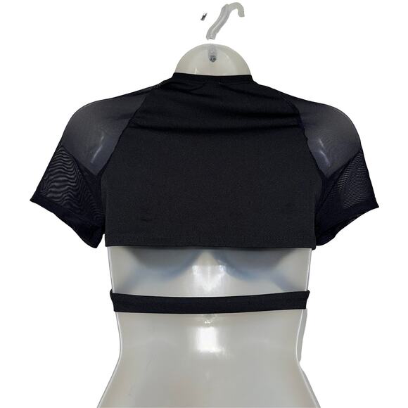 New Small Black Underwire Curved Hem Open Back Mesh Sleeve Short Crop Top - Picture 4 of 4